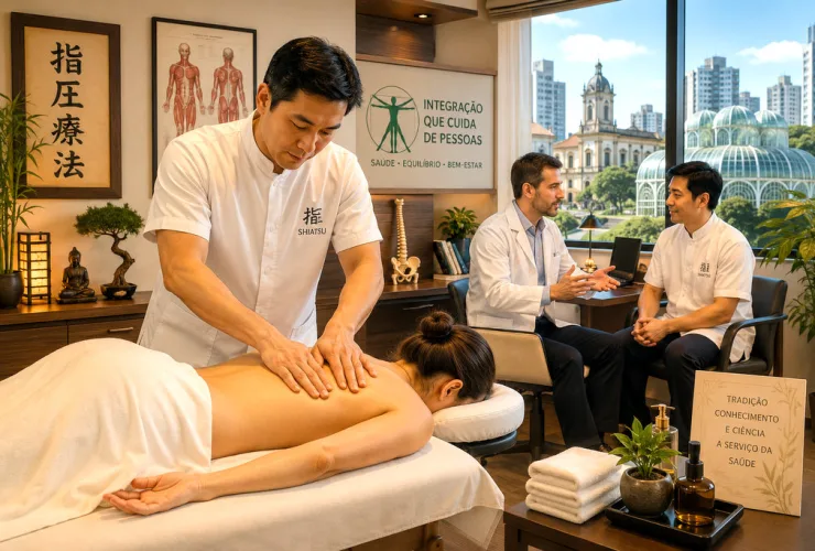 Massoterapeuta realizando atendimento terapêutico em clínica tradicional de Curitiba integrada aos cuidados médicos.