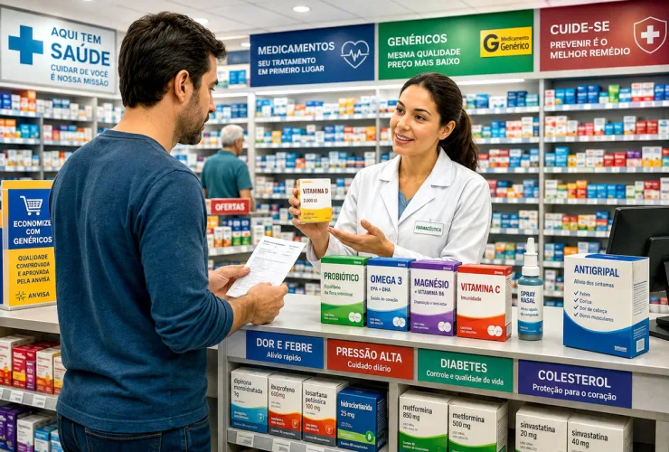 Consumidor em uma farmácia brasileira avaliando medicamentos enquanto recebe orientações no balcão.