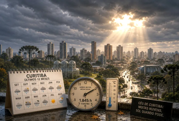Curitiba vista sob céu nublado com uma abertura entre as nuvens deixando o Sol iluminar parte da cidade.