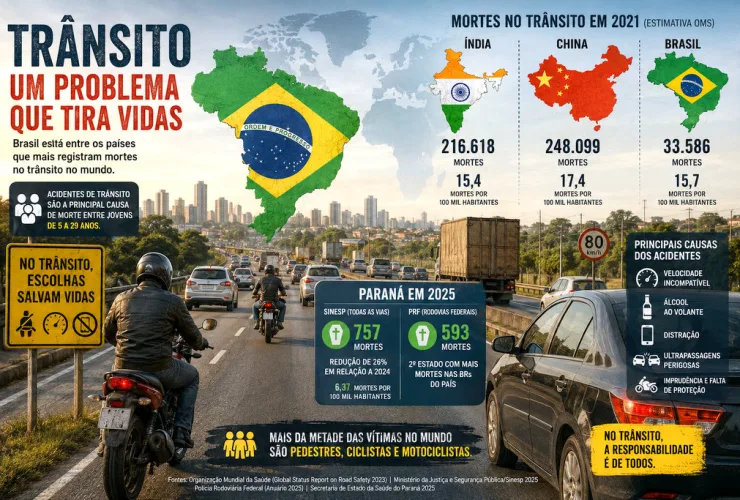 Rodovia brasileira com carros, caminhões e motocicletas representando os riscos e as mortes no trânsito no Brasil.