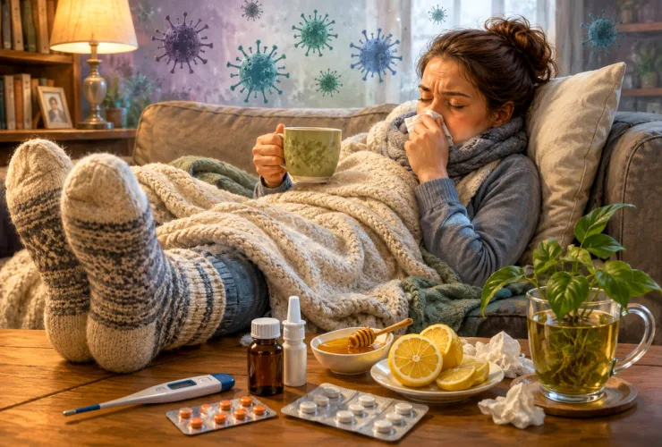 Pessoa com sintomas de gripe descansando em casa, usando meias de lã e tomando chá, com termômetro e medicamentos sobre a mesa.