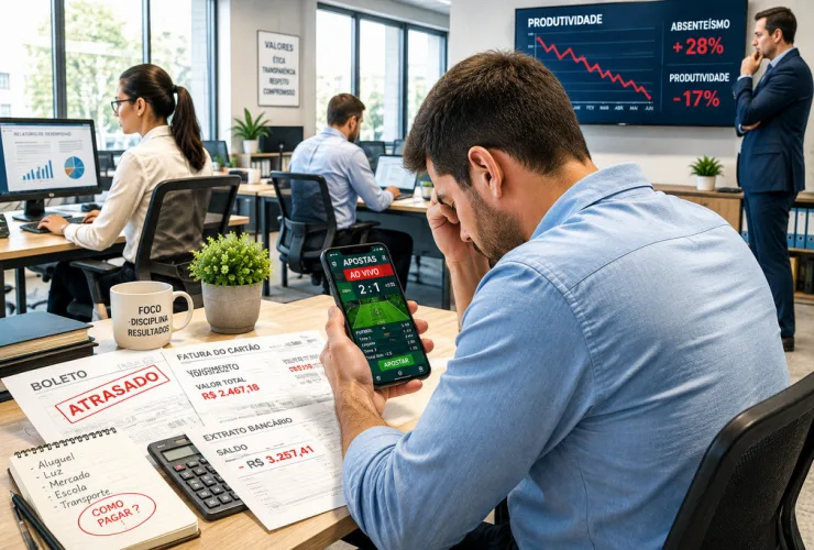 Funcionário utiliza aplicativo de apostas esportivas durante o expediente enquanto enfrenta dificuldades financeiras em ambiente corporativo.