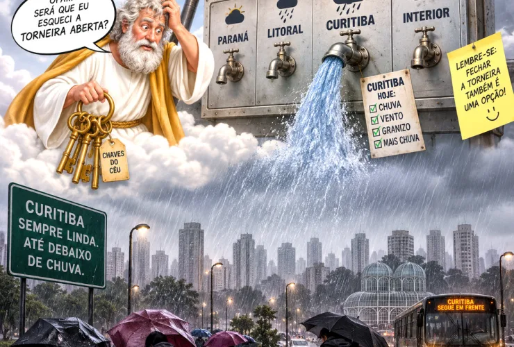 Ilustração de São Pedro diante de uma torneira aberta sobre Curitiba durante um período de chuva intensa.