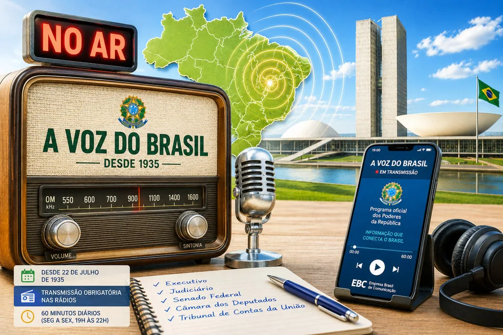 Rádio antigo transmite A Voz do Brasil enquanto smartphone representa a comunicação digital no Brasil.