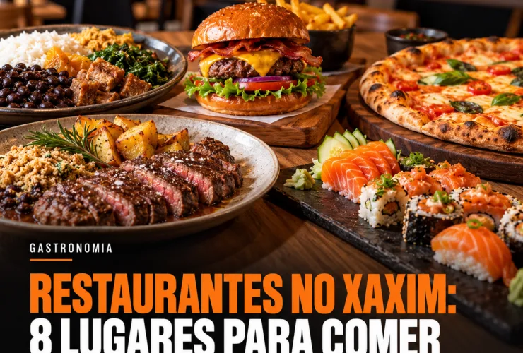 Mesa com comida brasileira, pizza, hambúrguer, carnes e sushi representa restaurantes no Xaxim