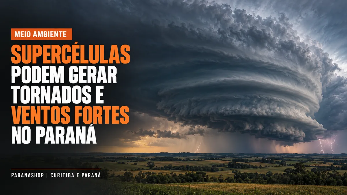 Formação de uma supercélula com nuvens rotativas sobre uma área rural do Paraná