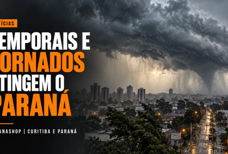 Nuvens carregadas e chuva forte sobre uma cidade durante temporais no Paraná