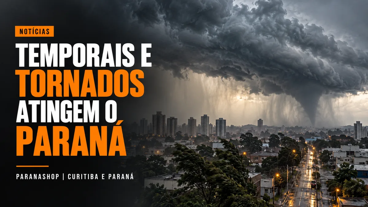 Nuvens carregadas e chuva forte sobre uma cidade durante temporais no Paraná