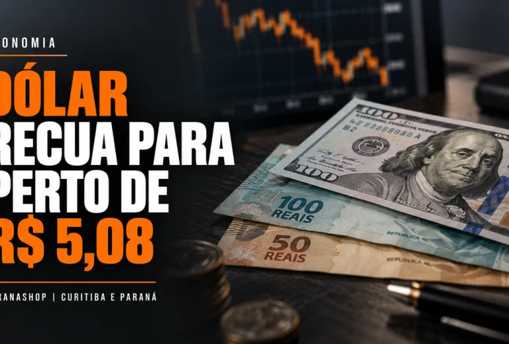 Cédulas de dólar e real diante de gráfico financeiro ilustram a queda do dólar para perto de R$ 5,08