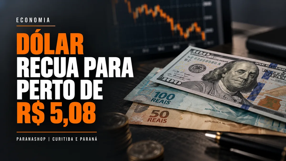 Cédulas de dólar e real diante de gráfico financeiro ilustram a queda do dólar para perto de R$ 5,08