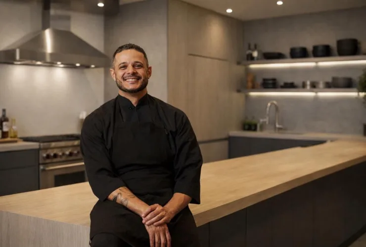 Chef Lucas Amaral, de uniforme preto, sentado em uma cozinha profissional