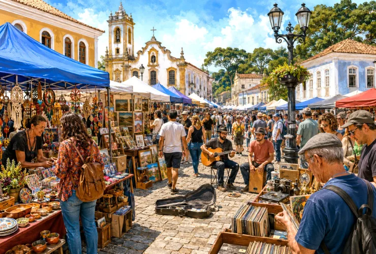 Feira do Largo da Ordem movimentada com barracas de artesanato, artistas e visitantes no Centro Histórico de Curitiba