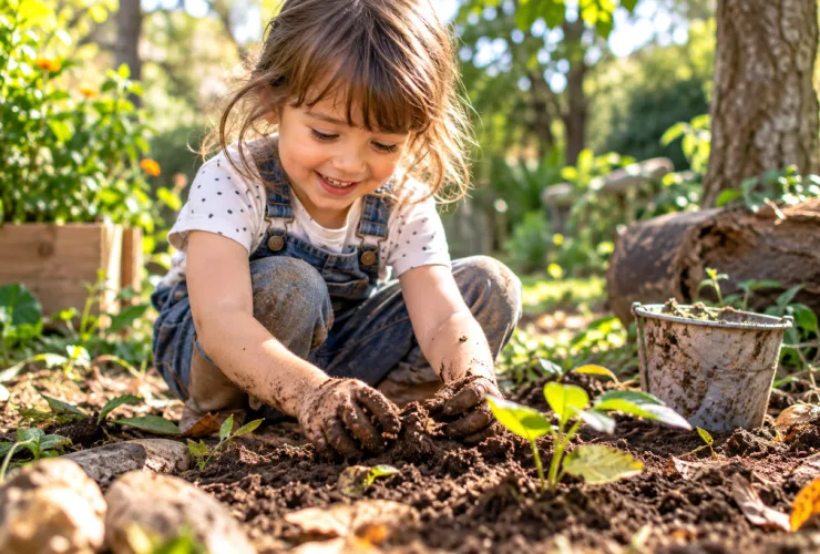 Criança brincando com terra, folhas e plantas em área verde natural