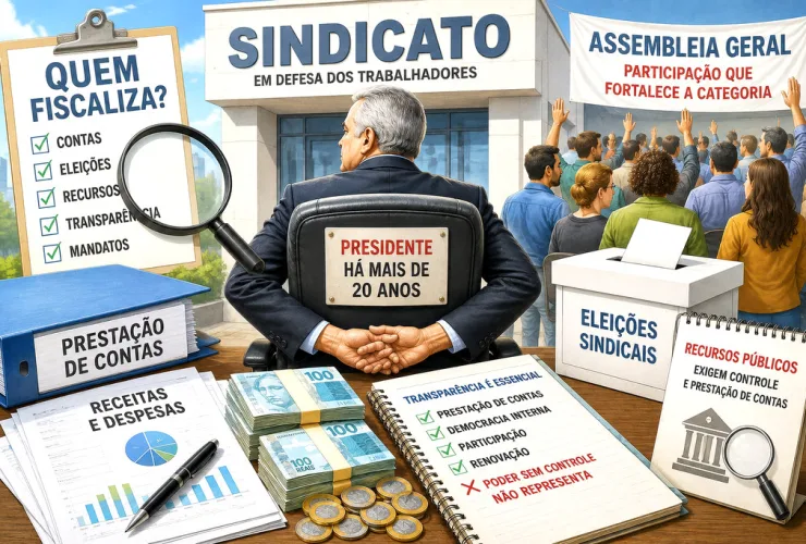 Ilustração editorial mostra uma entidade sindical com documentos financeiros, urna eleitoral e dirigente no centro da estrutura de poder.