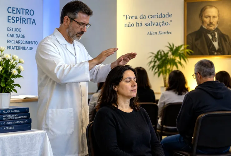 Pessoa recebendo passe em centro espírita durante momento de oração e acolhimento espiritual