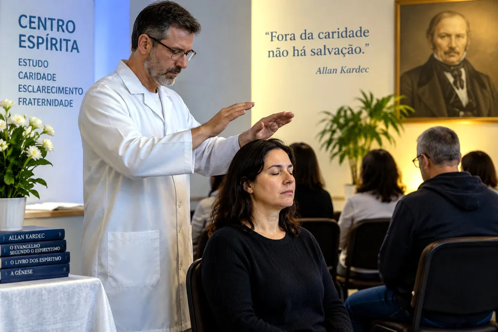 Pessoa recebendo passe em centro espírita durante momento de oração e acolhimento espiritual