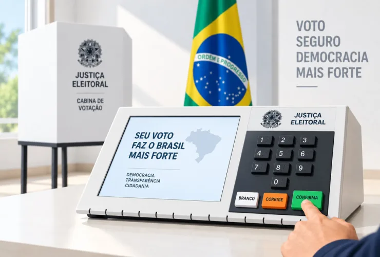 Urna eletrônica brasileira em uma seção eleitoral, com eleitor pressionando o botão confirma e bandeira do Brasil ao fundo.