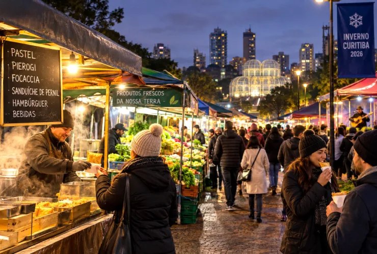 Feira noturna de Curitiba com barracas de alimentos, pastel e produtos frescos em uma noite fria de inverno