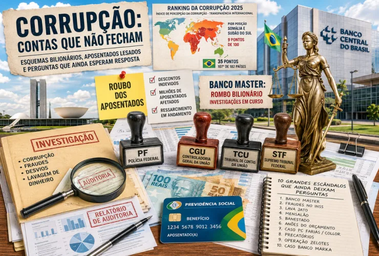 Ilustração editorial mostrando dinheiro público, documentos, banco e símbolos institucionais associados à corrupção no Brasil e no mundo