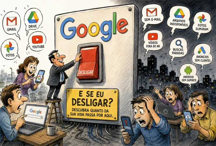 Ilustração de uma cidade conectada enfrentando um apagão digital após o desaparecimento dos serviços do Google