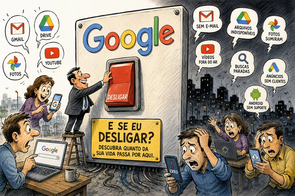 Ilustração de uma cidade conectada enfrentando um apagão digital após o desaparecimento dos serviços do Google