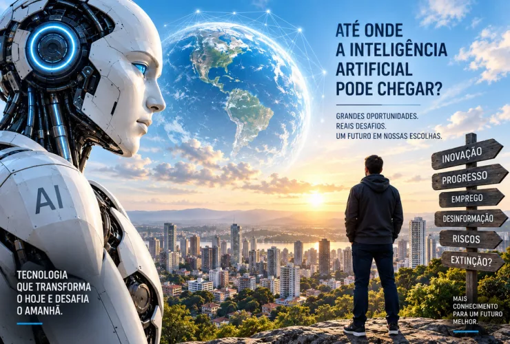 Robô humanoide diante de uma cidade e do planeta Terra, simbolizando os riscos e as oportunidades do avanço da inteligência artificial.