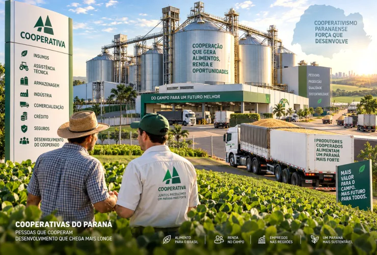Complexo de cooperativa agroindustrial do Paraná com silos, caminhões, lavouras e produtores rurais.