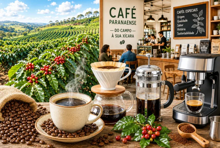 Café especial servido em xícara ao lado de grãos torrados e diferentes métodos de preparo doméstico
