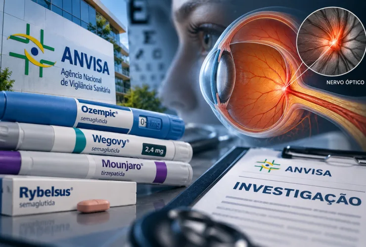 Canetas de medicamentos GLP-1 ao lado de representação do olho e do nervo óptico em investigação da Anvisa sobre perda de visão.