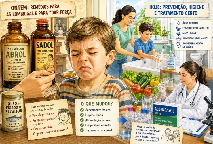 Charge mostra antigos remédios contra verminoses ao lado de hábitos modernos de higiene, saneamento e diagnóstico.