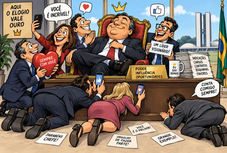 Ilustração editorial mostra pessoas disputando a atenção de uma autoridade enquanto acompanham suas redes sociais.