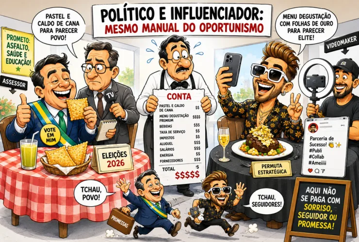 Charge editorial mostra político e influenciador em restaurante enquanto um garçom apresenta uma grande conta.