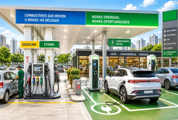 Posto de combustíveis com bombas tradicionais e carregadores para carros elétricos em uma avenida urbana