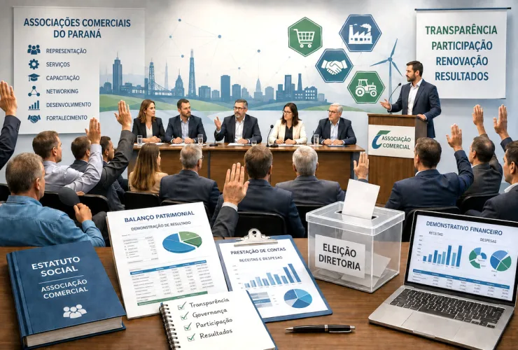 Empresários participam de reunião de uma associação comercial em discussão sobre negócios, representação e governança.