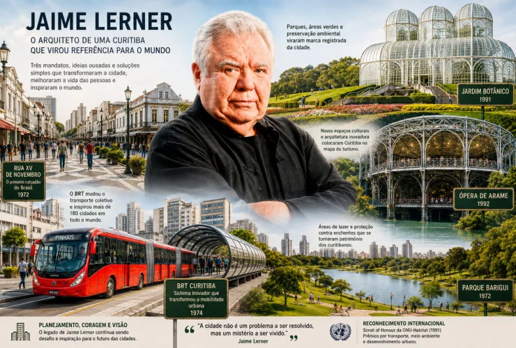 Ilustração de Jaime Lerner diante do BRT, Rua XV, Jardim Botânico e Ópera de Arame em Curitiba