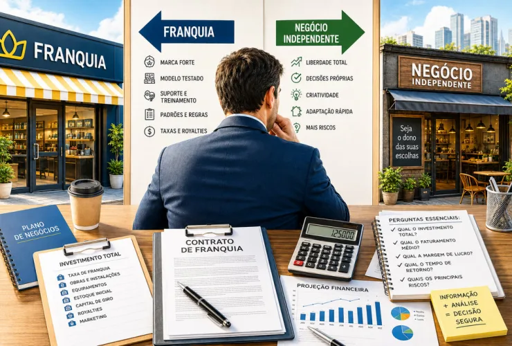 Empreendedor analisa contrato e planilhas financeiras antes de investir em uma franquia