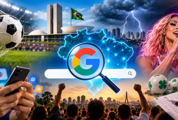 Ilustração horizontal representando as principais tendências de busca do Google no Brasil, com futebol, política, clima, entretenimento e tecnologia.