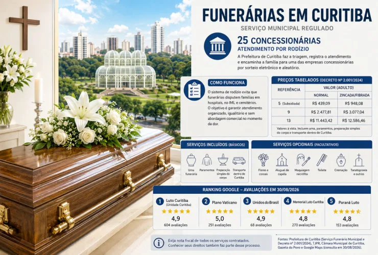 Ilustração editorial sobre o serviço funerário de Curitiba, com urna, flores e elementos urbanos da capital paranaense