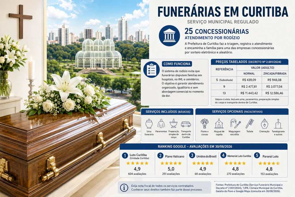 Ilustração editorial sobre o serviço funerário de Curitiba, com urna, flores e elementos urbanos da capital paranaense