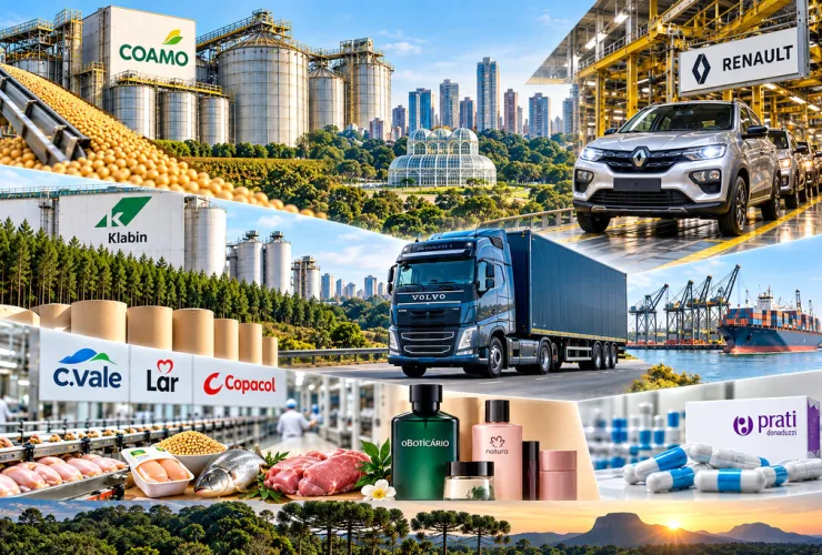 Grandes indústrias do Paraná em montagem editorial com fábricas, caminhões, automóveis, alimentos, papel, cosméticos e medicamentos.