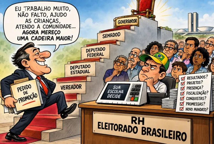 Charge mostra político ainda no meio do mandato subindo uma escada em busca de uma cadeira de governador, enquanto eleitores avaliam seu currículo.