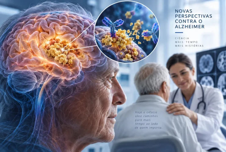Ilustração de cérebro humano representando a ação de anticorpo contra placas beta-amiloide associadas ao Alzheimer.