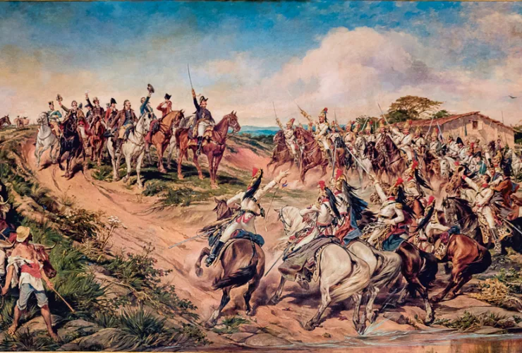 Representação artística de Dom Pedro I às margens do riacho Ipiranga durante a Independência do Brasil em 1822.