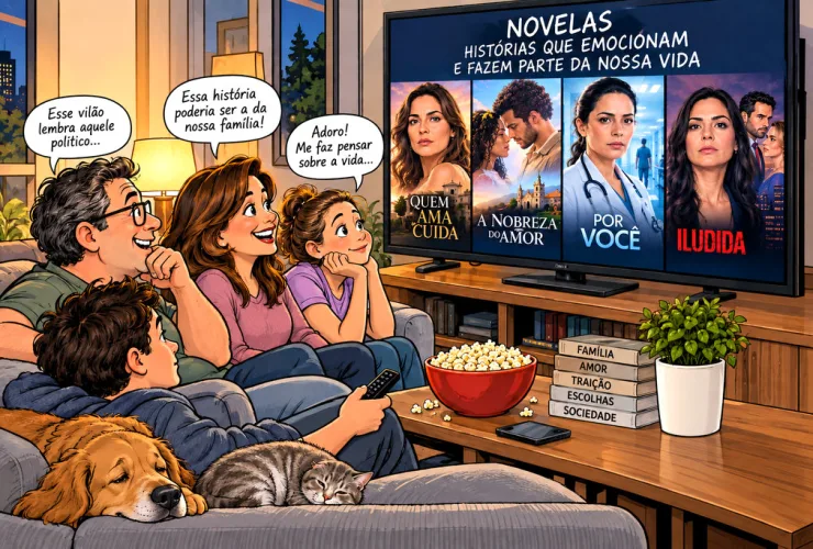 Família reunida diante da televisão enquanto acompanha diferentes histórias de novelas brasileiras.