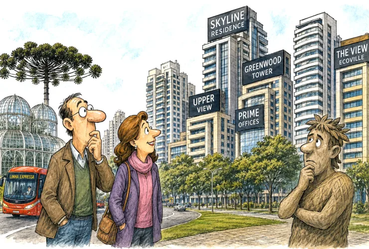 Edifícios modernos de Curitiba com nomes em inglês representando a influência internacional na arquitetura e no mercado imobiliário