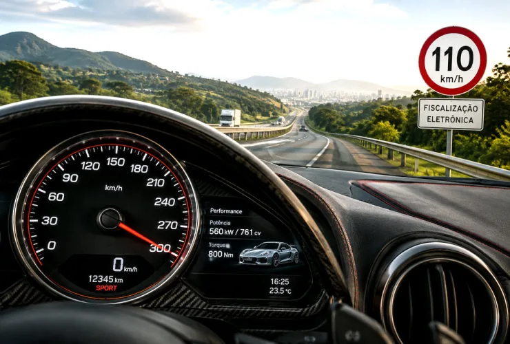 Painel de carro esportivo com velocímetro de 300 km/h em contraste com uma rodovia brasileira