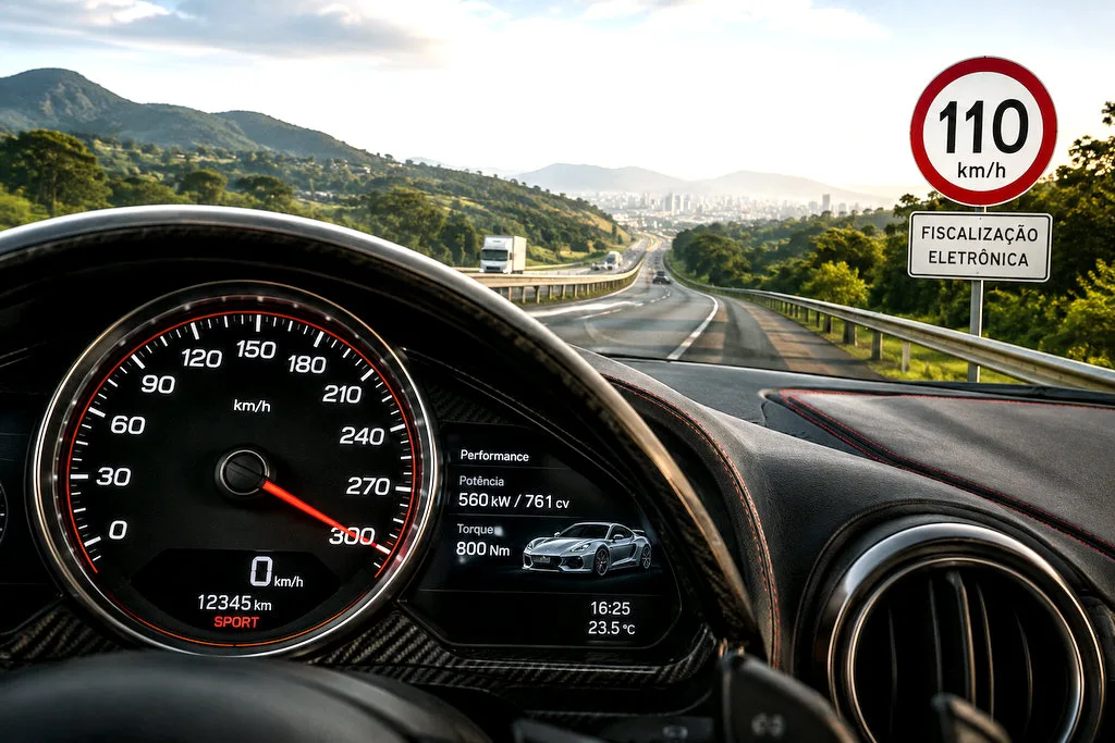 Painel de carro esportivo com velocímetro de 300 km/h em contraste com uma rodovia brasileira
