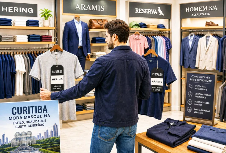 Homem compara roupas masculinas em loja de Curitiba, avaliando estilos, marcas e preços.