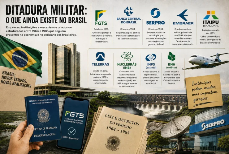 Ilustração editorial sobre instituições e empresas brasileiras criadas ou estruturadas durante o regime militar