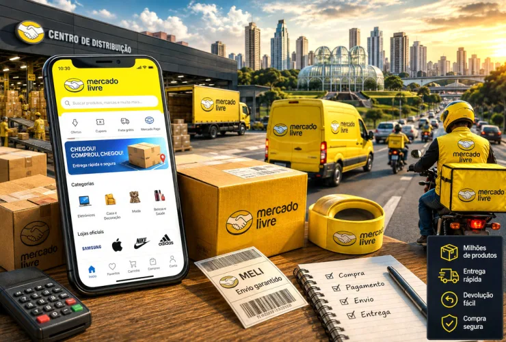 Caixas de encomendas ao lado de smartphone com aplicativo de compras do Mercado Livre e veículo de entrega